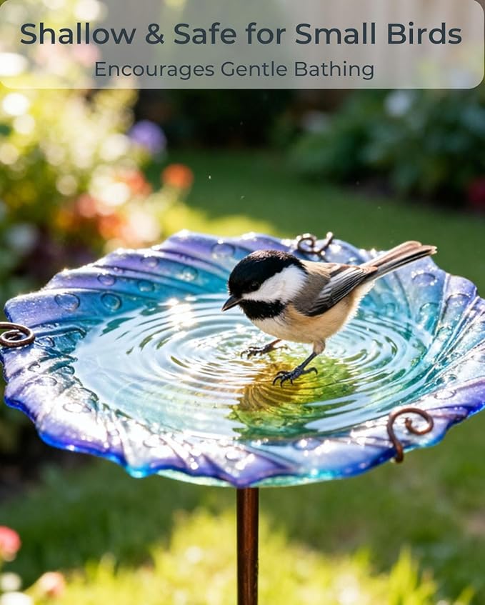 Blue Glass Bird Bath for Outside with Metal Stake 10.5" | Shallow Decorative Garden Birdbath Bowl or Feeder for Backyard Patio Lawn | Outdoor Water Dish for Small Birds