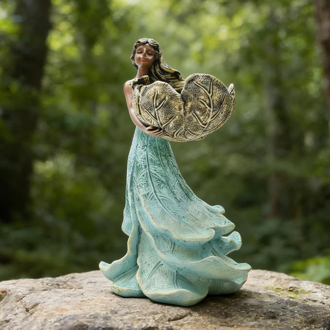 Resin Fairy Statue Bird Feeder 9.4 Inch Tall for Garden Decor, Doubles as a Decorative Birdbath or Water Feature, Ideal for Fairy Gardens, Cottagecore Themes & Porch Decor