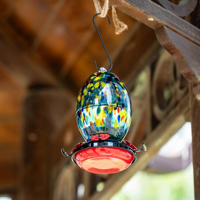 Muse Garden Glass Humming Bird Feeders for Outdoors - 27OZ Blown Glass Hummingbird Feeder - Unique Gift Mom Women Grandparents, Outdoors Hanging Garden Decor, Ant Moat & Brush, Blue Polka Dots