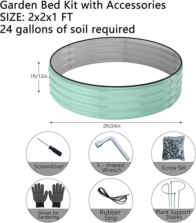 ZFHgarden Galvanized Metal Planter Round Raised Garden Bed Kit for Gardening Outdoor，2x2x1ft 2PC Grow Garden Box Raised Flower Bed，Round Galvanized Planter Outdoor Metal Fire Pit Ring Green