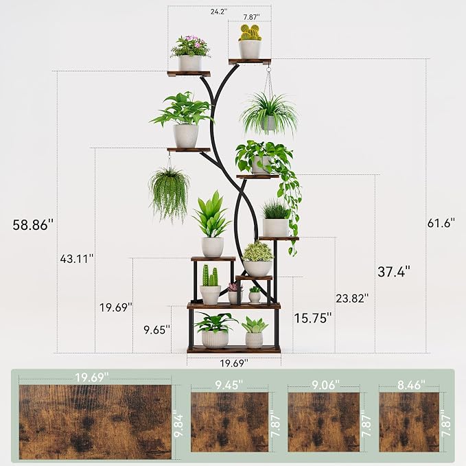 Plant Stand Indoor with Grow Lights 9 Tiered Wood Indoor Plant Shelf 62" Tall Plant Stand Metal Frame for Indoor Plants Multiple Flower Pot Holder, Large Plant Rack for Living Room Patio Corner