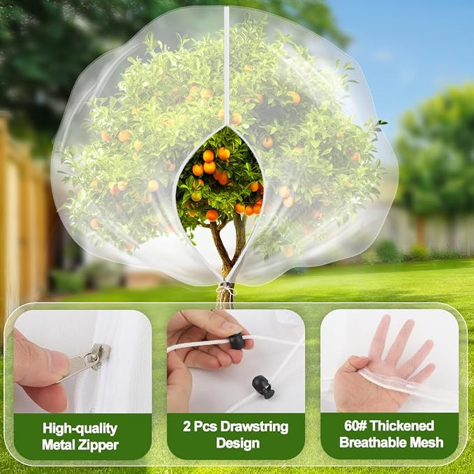 2 Pack 15x15FT Extra Large Fruit Tree Netting with Double Zipper & Double Drawstring, Heavy Duty Bird Netting for Fruit Trees, Reusable Tree Net to Protect Large Trees from Birds, Squirrels, Deer