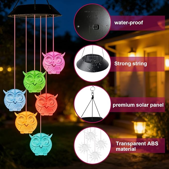 7-Color Light Changing Owl Solar Lights for Outside, Solar Lights Gifts for Father's Day, Solar Owl Wind Chimes Gifts for Women, Mom, Grandma, Garden Yard Lawn Outdoor Decor Mobiles