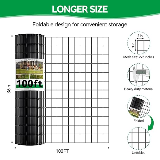 Welded Wire Fence, 100t(L) x 36inch(H) PVC Anti-Rust Coated Wire Mesh, 2 Inch x 3 Inch 16GA Garden Edging Border, Roll Metal Animal Barrier for Yard Vegetable Plant Protection Poultry Netting