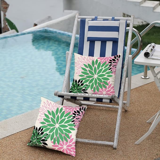 DFXSZ Green Pink Black Flower Pillow Covers 18x18 Inch Set of 2 Outdoor Throw Pillows Outdoor Waterproof Decor for Living Room Sofa Patio Funiture Garden Floral Polyester Pillow Covers 012B18
