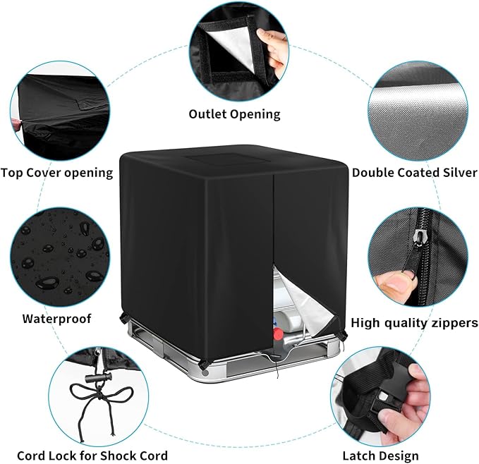 275 Gallon 600D IBC Tote Cover, 1000L, Zipper, Outdoor Water Tank Protective Cover, Black