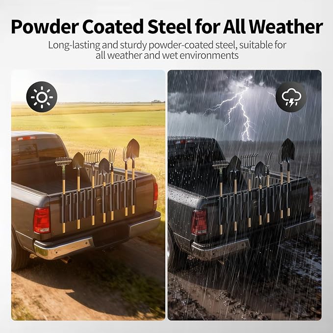 10 Hole Shovel Holder for Truck Bed & Trailer, Heavy-Duty Steel Tool Rack with 2 Mounting Groups, Universal Organizer for Shovel, Rake, Trimmer, Lawn Tools, Black