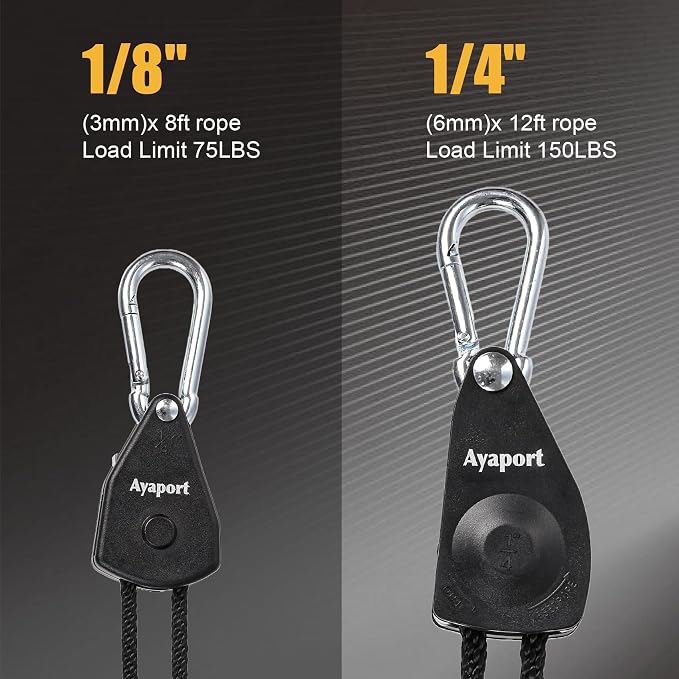 Ayaport Adjustable Rope Hanger Grow Light Hanger, 1/4 Heavy Duty Plant Pulley Rope Tightener Ratchet Tie Down for Kayak, Tarp, Tent Tie Downs, Hanging Plants, Filters, Fans