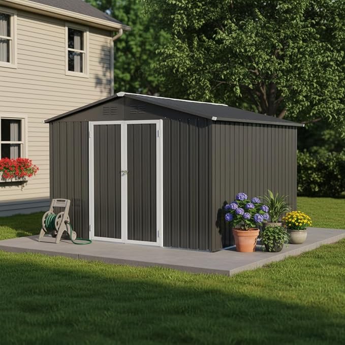 YOPTO 10x12 FT Sheds & Outdoor Storage,Metal Aluminum Garden Shed,with Punched Vents,Waterproof Cabinet w/Hinged Door and Padlock,Tool House for Storing Bicycles,Lawnmowers,Barbeques,Grey