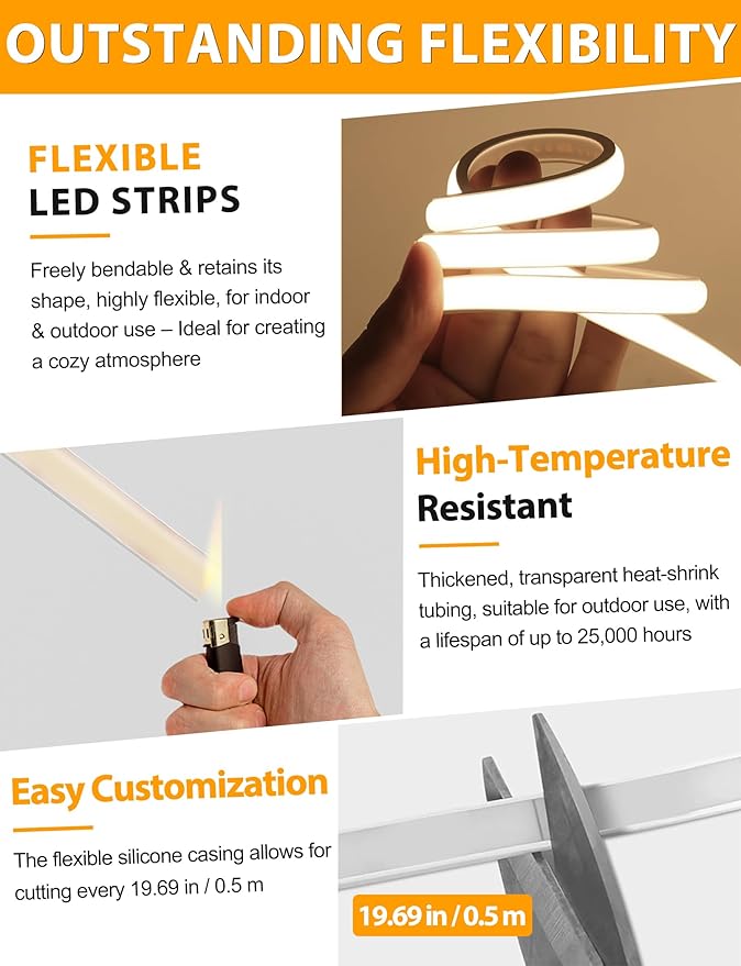 Lamomo COB LED Strip Lights 65.6Ft, Natural White Outdoor Led Rope Light, Waterproof Flexible Silicone Cuttable 4000K Neon Led Lights for Bedroom Garden Commerica Holiday Decor, CRI90+, AC 120V