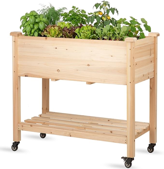 Raised Garden Bed with Lockable Wheels, 32x16x32 inch Elevated Wood Planter with Storage Shelf Protective Liner for Vegetable Flower Herb Outdoor Balcony Patio Backyard, Natural