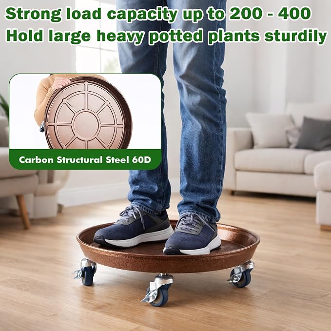 Planterhoma 4 Packs 16 Inch Metal Plant Caddy with Wheels Extra-Large Rolling Plant Stand Heavy-Duty Iron Plant Dolly Casters for Indoor Outdoor Flower Pot Mover Roller Coasters, Copper