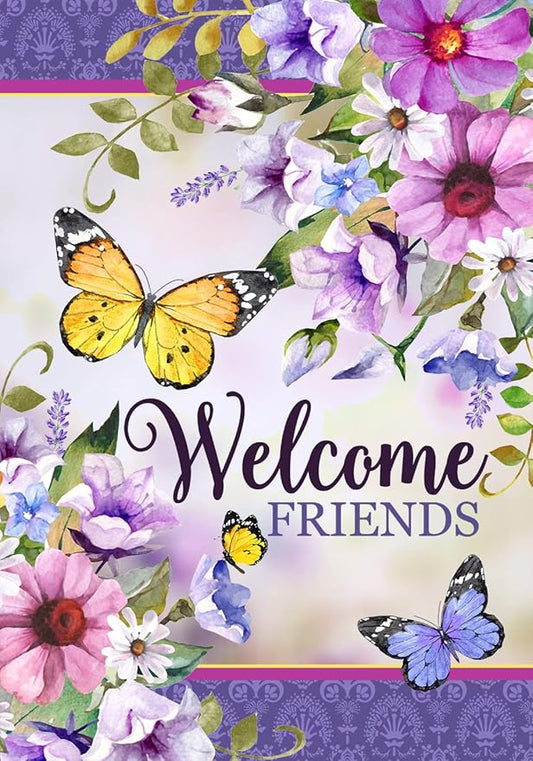 Texupday Welcome Friends Floral Blooms Butterfly Decoration Seasonal Spring Summer House Flag Outdoor Yard Flag 28" x 40"
