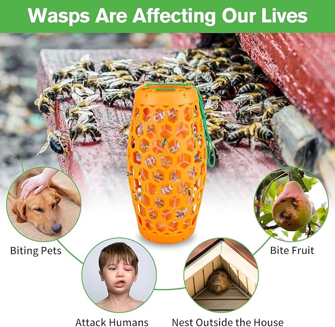 Wasp Trap Bee Catcher - Outdoor Hanging Carpenter Bee Traps with 4 Sticky Boards, Non-Toxic Reusable Hornet & Yellow Jacket Trap, 2 Pack (Orange)