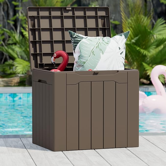 Greesum 31 Gal Resin Deck Box,Outdoor Storage for Patio,Garden Tools,Pool Supplies, Weatherproof and UV Resistant, Lockable, Dark Brown