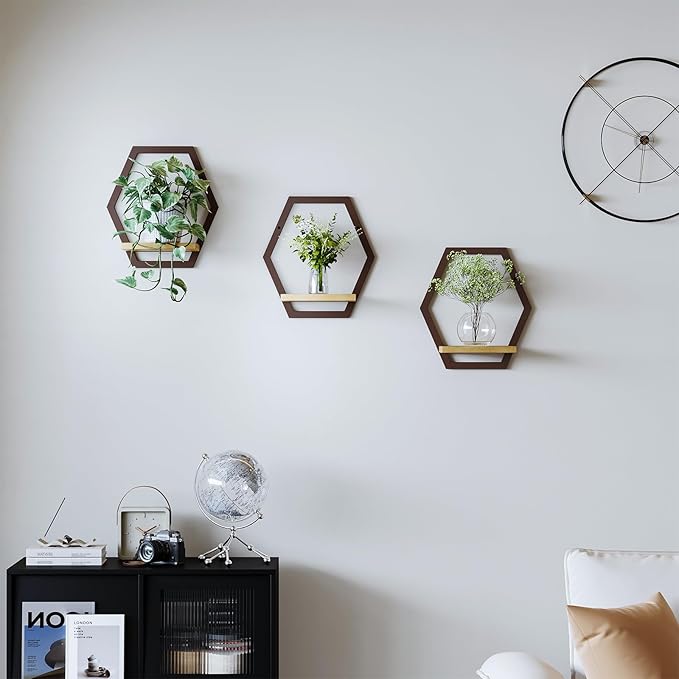 3 Pack Solid Wood & Heavy Duty Metal Wall Plant Stands,9 inch Natural Wood Shelf, Boho Arch Hanging Planter for Indoor 25 LB Load for Plants Coffee
