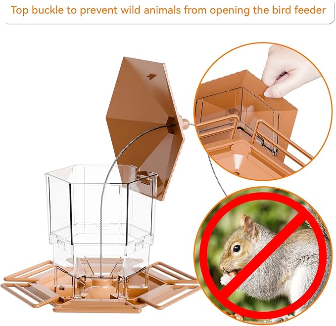 Yieach Hopper Bird Feeders for Outdoors Hanging,Large Birdfeeders for Outside Squirrel Proof,Covered Bird Seed Feeder for Outside,Plastic Wild Bird Feeder for Blue Jay,Cardinal,Garden Decoration,Brown