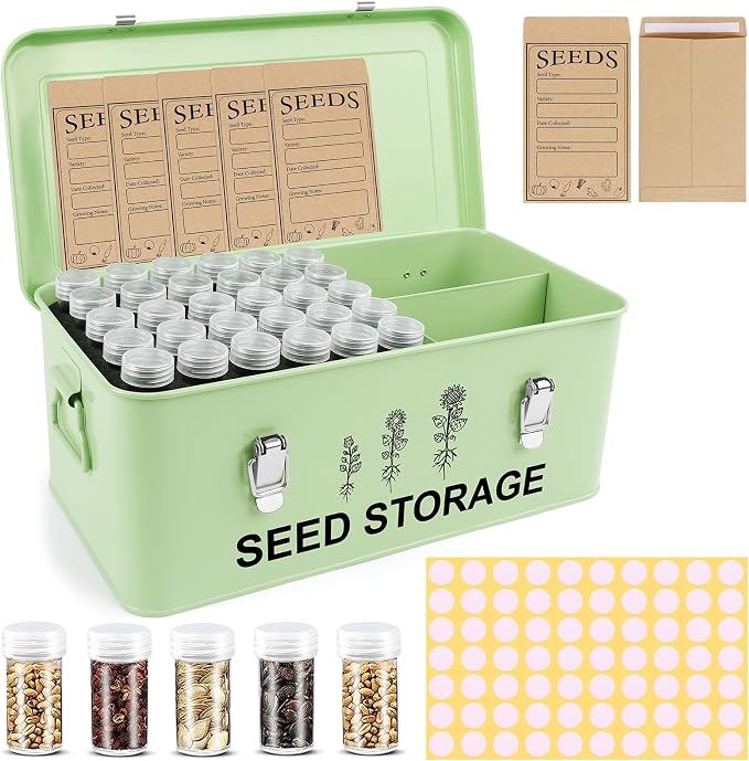 60 Slots Seed Storage Organizer, Metal Seed Saving Box with Lid and Safety Locks, Seeds Storage Container with 60 Seeds Envelopes and 64 Label, 3 Compartments, Perfect for Flower Plants Garden