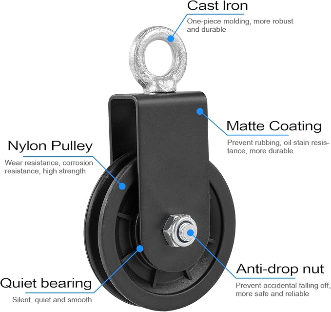3.54 in Cable Pulley 360 Rotation Traction Wheel with Carabiner and Strap,Silence Smooth Detachable for DIY Gym Pulley System,DIY Gym Attachment Lifting Blocks,Ladder Lift,Hoists,Clothesline