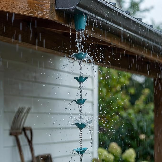 Blue Flower Rain Chain - 8.2FT Iron, 16 Flower Cups, Glass Marble & Bell, Gutter Adapter Included, Outdoor Garden Decor