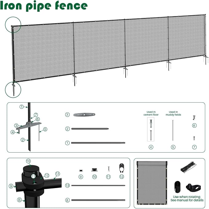 6'Hx74'W Outdoor Freestanding Privacy Screen Fence Panels with Iron Poles, Mesh Shade Net Cover Temporary Fencing for Patio Backyard Garden Deck, Light Gray