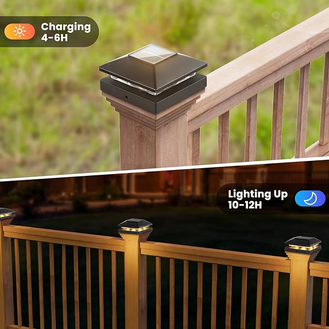 Solar Post Cap Lights Outdoor 16-Pack, Black Waterproof Solar Powered Deck Fence Lights Fit 4x4 Wood/Vinyl Posts, Bright Warm White for Patio, Porch