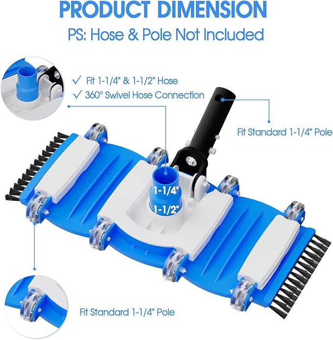 2026 TidyMister Pool Vacuum Head with Swivel Handle - 16in Eazy-to-Use Daily Cleaning Vacuum Head with Side Brushes and Wheels and Hose Connect for 1-1/4in or 1-1/2in for Inground & Above Ground Pools
