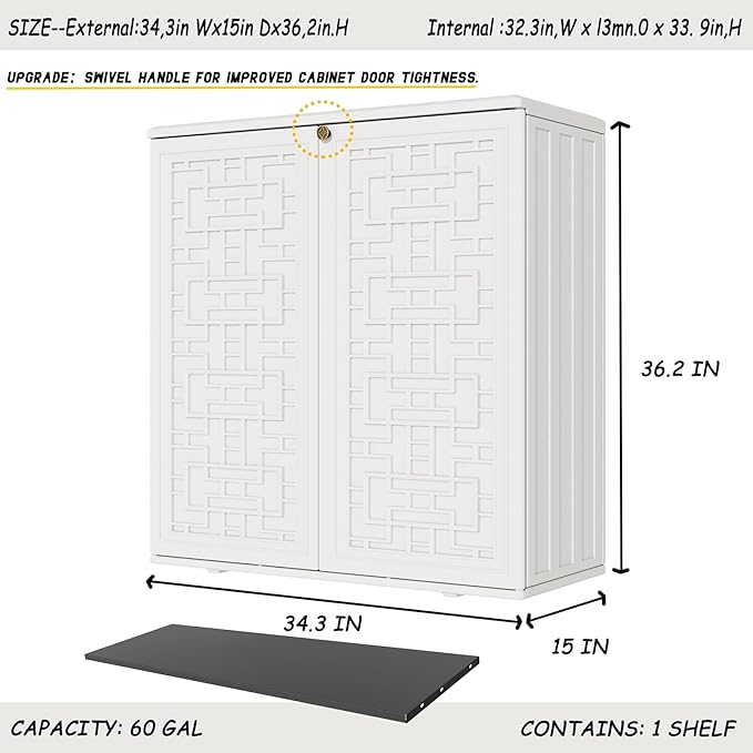 Mrosaa Indoor Outdoor Storage Cabinet Waterproof with Shelf, Off White Plastic Outdoor Cabinets for Patio/Garden/Backyard, Size 34.3''L*15''W*36.2''H