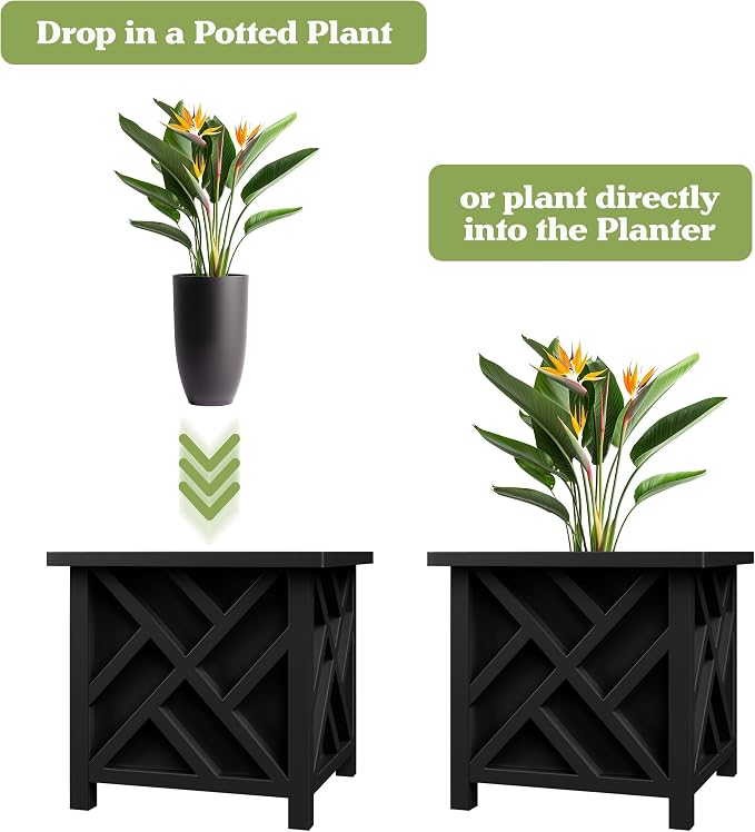 Lattice Design Outdoor Planter Box 2-Pack - 15.5” Square 16.5” Tall Black Decorative Plant Pots for Front Porch Decor - Flower Pots Outdoor Planters for Porch Patio or Garden Decor by Pure Garden