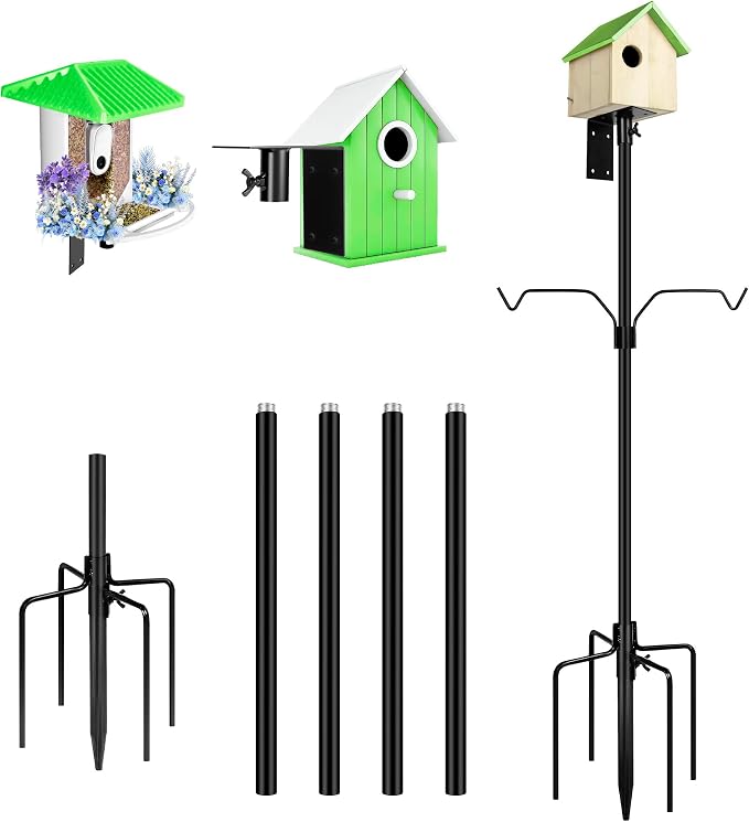 YINGYM Bird Feeder Pole, 79 Inch Heavy Duty Bird House Pole Mount Kit for Outdoors, Adjustable Metal Bird Feeding Stand, with 2-Hooks, 5-Prong Base for Hanging Feeders, Black