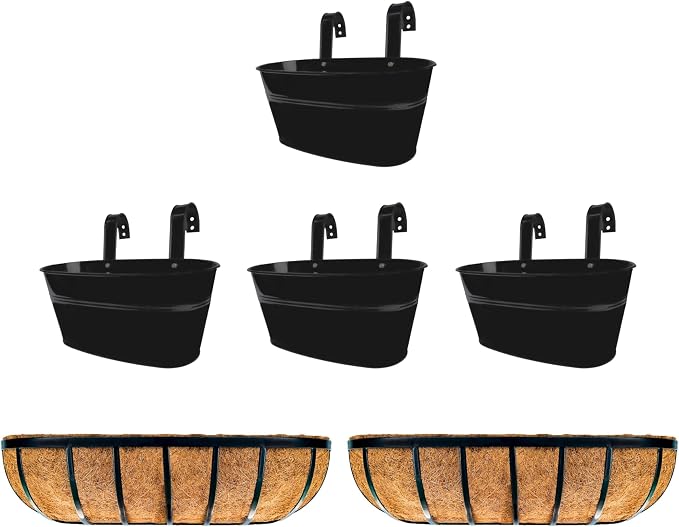 LaLaGreen Bundle- 2 Pack, 24 Inch Metal Basket with Coco Liner + 4 Pack, 11.8 Inch Black Metal Pot Wall Mount Hanging Window Rail Plant Flower Holder Bucket Box Countryside Style Garden Decor Outdoor