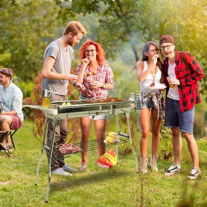 Portable Charcoal Grill, Large Stainless Steel Folding Grill with Side Table & Storage, Barbecue for outdoor Cooking Camping Parties Garden, Backyard Grilling and Family Picnics (39x13x28 In)