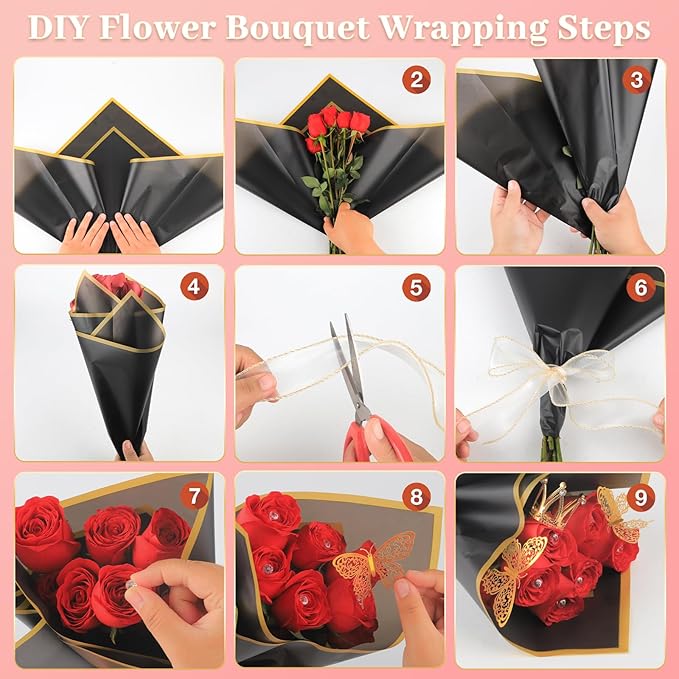 260Pcs Flower Bouquet Wrapping Paper Kit, 60 Sheets Waterproof Paper, 36 Butterflies, 8 Crowns, 1 Headband, 4 Ribbons, 15 Cards, 100 Diamond Pins, 30 Floral Wire, 3 Stickers, 3 Tapes (3 Mix Colors)