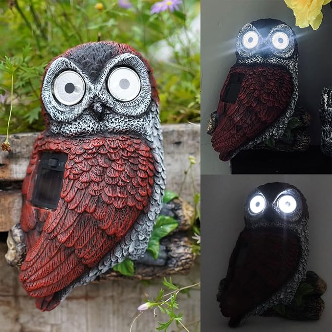 7.8" Solar Owl Garden Statue,Waterproof Owl Solar Lights with Glowing Eyes,Tree Decorations Outdoor for Yard Patio Lawn, Solar Owl Light for Night Garden Decor, Owl Garden Statue for Fence or Wall