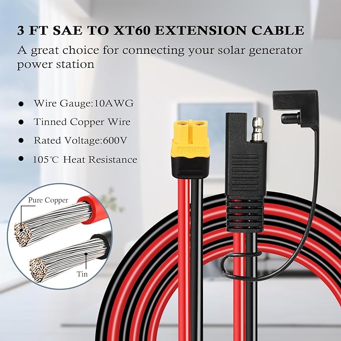 MOOKEERF 10AWG SAE to XT60 Connector Extension Cable 3FT, XT60 Female to SAE Cable With Polarity Reverse Adapter for Portable Power Station Solar Panel Generator