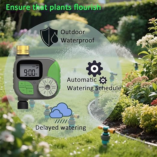 Drip Irrigation Kit Automatic Watering System with Water Timer 64FT 1/4 Tubing and 12 Rain Spray Watering Nozzles in 4 Directions for Potted Plants Yard Lawn Juvenile Plants Greenhouse Mist