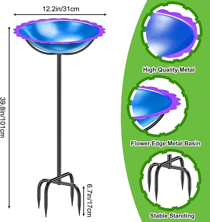 Metal Bird Bath for Outside, Garden Birdbath Bowl Freestanding Bird Feeders for Outdoors with 4 Prongs Base Stake, Standing Birdfeeders for Yard Lawn Decor (Blue Purple)