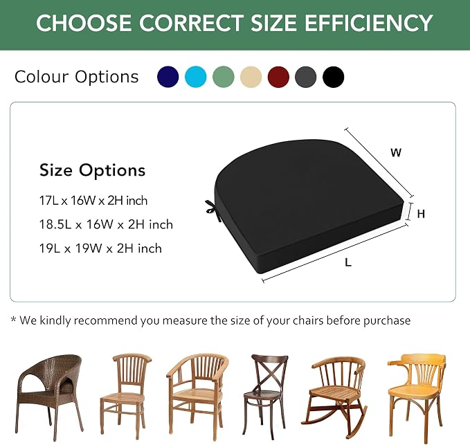 Outdoor Chair Cushions Set of 4: Waterproof & Fade Resistant Patio Furniture Cushions - 18.5 x 16 x 2 Inch Non Slip Round Corner Seat Cushion Pads with Removable Cover for Garden Yard Lawn, Black