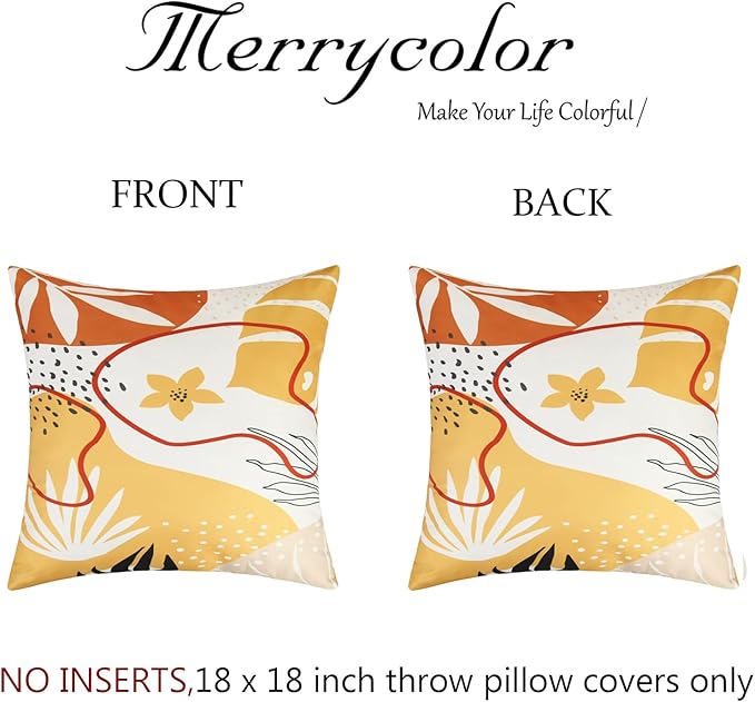 Merrycolor Pack of 2 Outdoor Pillow Covers 18x18 Waterproof Pillow Covers Geometric Leaf Decorative Square Pillowcases Patio Pillows Outdoor Pillows for Patio Furniture Garden Orange