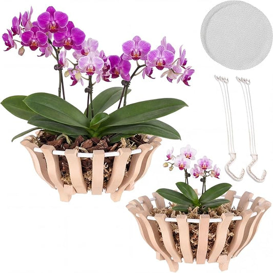 2 Sets Rustic Orchid Pots with Holes, Orchid Hanging Planter with Hangers, Wooden Lotus Flower Shape 10 & 8 Inch Specialist Hanging Baskets for Outdoor Patio Garden