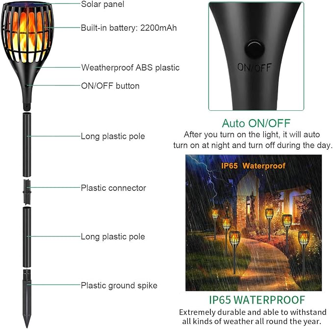 Solar Torch Lights Outdoor with Flickering Flame, Upgraded 96 LED 43 Inch Waterproof Dancing Flames Solar Garden Lights, Auto Dusk to Dawn Landscape Decoration Pathway Patio Lights, 1 Pack