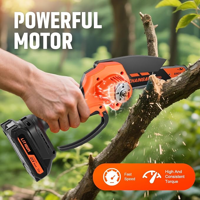 Mini Chainsaw, 6-inch Cordless Electric Small Chainsaws, Portable Handheld Chain Saw for Tree Pruning Shears Garden Maintenance, Best Fathers Day Gift for Men Dad Husband(Orange-2 Battery)