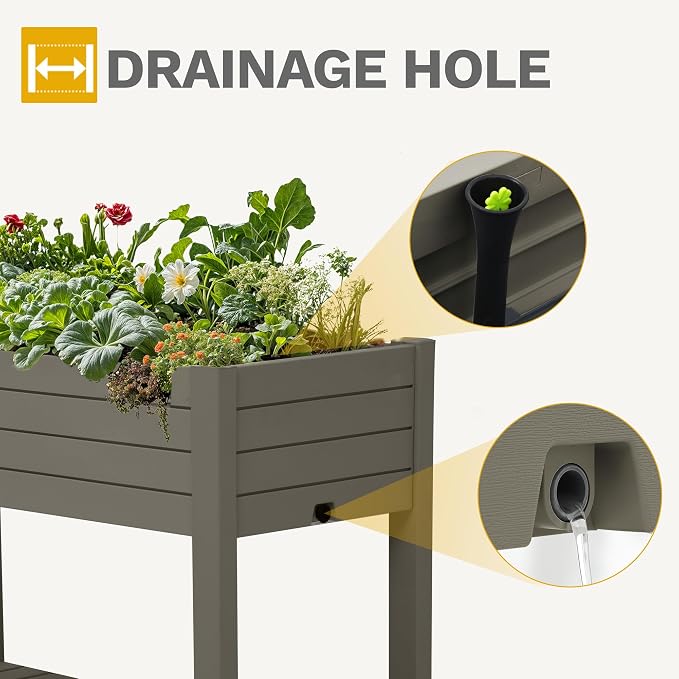 DWVO Raised Garden Bed Kit, 3.6 x 1.5 x 2.8 FT Outdoor Plastic Planter Box with Wheels and Legs, Garden Box with Drain Plug & Storage Shelf for Planting Vegetables, Flowers, and Herbs, Light Brown