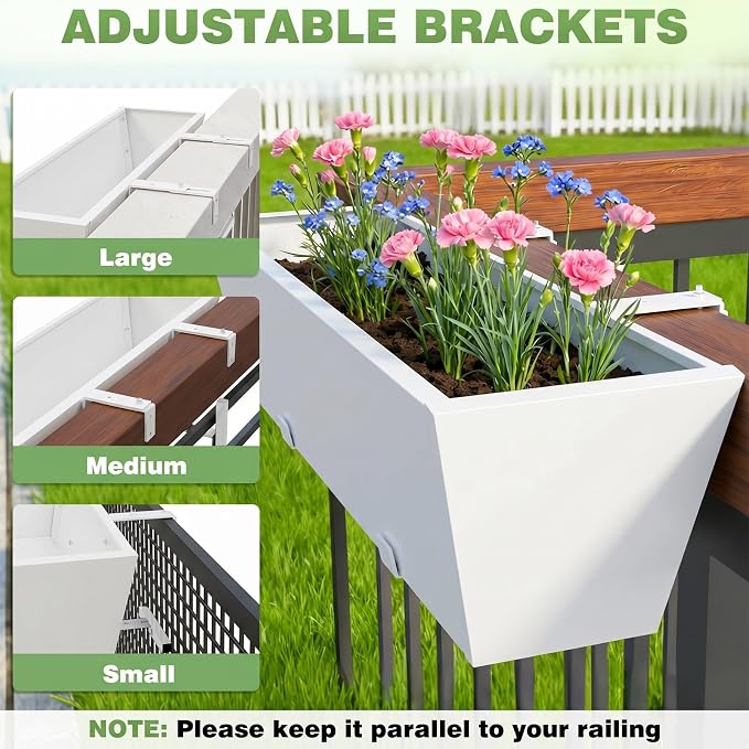 2PC White Railing Planter for Outdoor Plants 36 Inch Metal Hanging Planters Pots with Adjustable Brackets and Drainage Railing Planter Boxes Hanging Flower Pots for Balcony Deck Railings Patio Dec