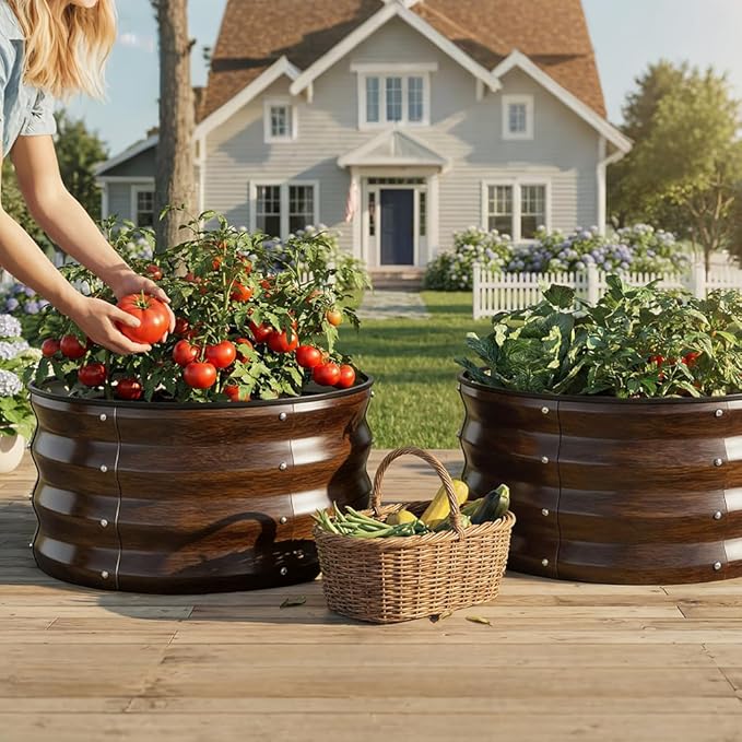 COMHOMA 2 Pack Round Raised Garden Bed 2x2x1ft,Galvanized Metal Planter Box Kit for Outdoor Gardening,Vegetable Flower Herb Growing Beds with Gloves Tools,Brown