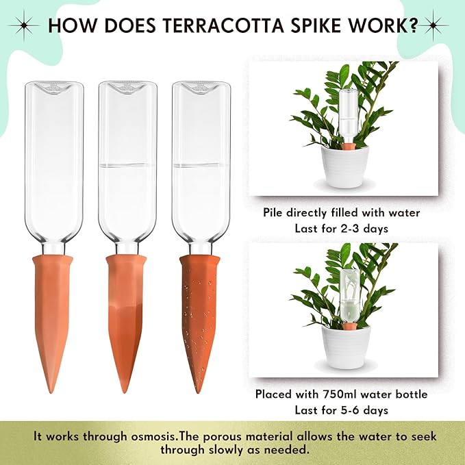 Ziliny 6 Sets Plant Watering Devices 6 Pcs Self Watering Spikes 6 Pcs 25 oz Plastic Bottles Slow Release Automatic Waterer Empty Liquor Bottles Terracotta Spikes for Vacation Plant (Ceramic Color)