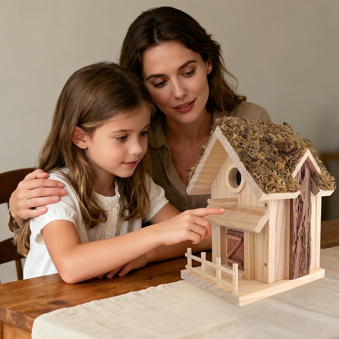 Bird Houses for Outside – Bird House Kits, DIY for Adults & Kids, 1.5" Entrance, Premium Pine, Moss Roof, Bark Siding, Side-Opening Door, Easy Clean,Family Craft for Garden,Backyard or Patio