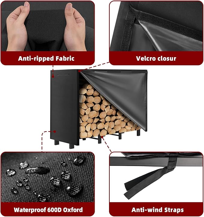 DNKMOR 4FT Firewood Rack with Waterproof Cover,Heavy Duty Firewood Storage Log Holider for Outdoor&Indoor,Fireplace Wood Rack with 600D Oxford Fabric