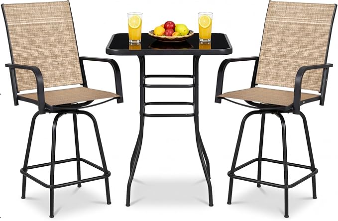 Greesum 3-Piece Patio Bar Set, High Top Table & 2 Swivel Bar Stools with Textilene Fabric, Outdoor Bistro Furniture for Balcony, Backyard, Poolside (Brown)