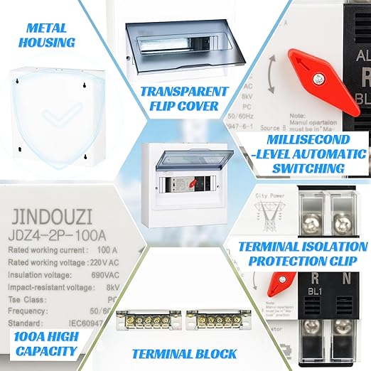 100A Automatic Transfer Switch,110V Millisecond Level Dual Power Automatic Transfer Switch, Generator Transfer Switch, with Metal Distribution Box